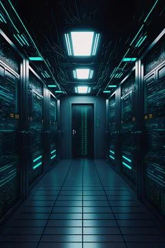 Data server racks room with big data computer center. Blue corridor interior for Stock Illustration
