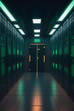 Data server racks room with big data computer center. Green corridor interior Stock Illustration