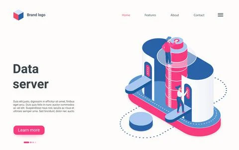 Data server service isometric landing page, hosting server or datacenter room Stock Illustration
