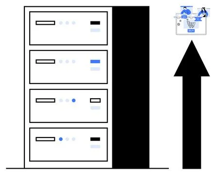 Data servers aligned vertically with a growth arrow pointing upwards, and an  Stock Illustration