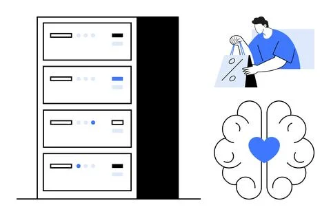 Data Servers and Online Shopping with Human Brain and Heart Connection in B.. Illustrazione stock