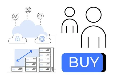 Data servers connected to cloud system with security and global access icons, Stock Illustration