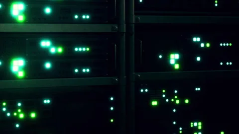 Data servers display lights in a dark room during night time operations Stock Footage 345003493
