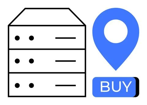 Data Servers with Geolocation Pin and Buy Button Highlighting Online Purchase 스톡 일러스트