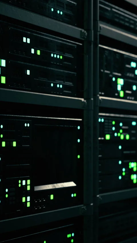 Data servers with green lights in a computer server room at night Stockbeeldmateriaal 337958453