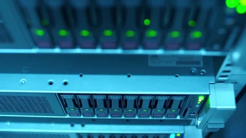 Data servers with LED cable ethernet internet server Close-up in Data Center Stock-Footage 334586724