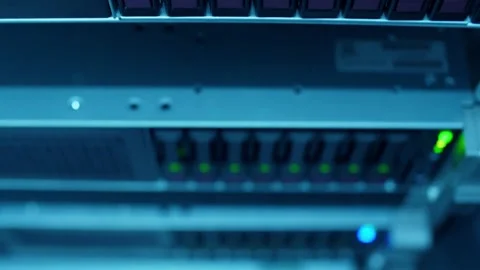 Data servers with LED cable ethernet internet server Close-up in Data Center Stock Footage 334586736