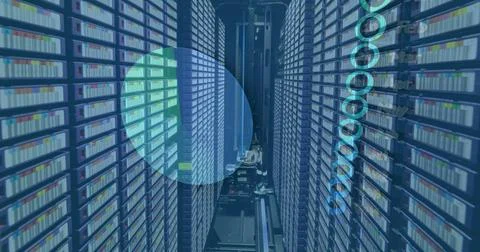 Data servers in modern data center with digital overlay showcasing technology Stock Photos