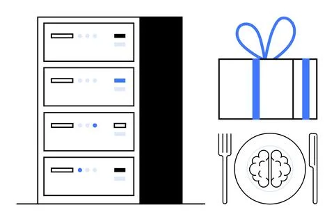 Data servers next to a gift box and a brain on a plate with fork and knife. I Stock Illustration