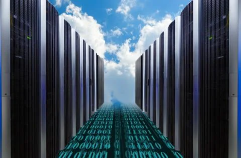 Data servers resting on clouds in blue in a cloudy sky 스톡 사진