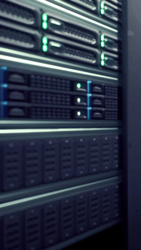 Data servers in a server room with lights on in a technology setting Stock Footage 337926095
