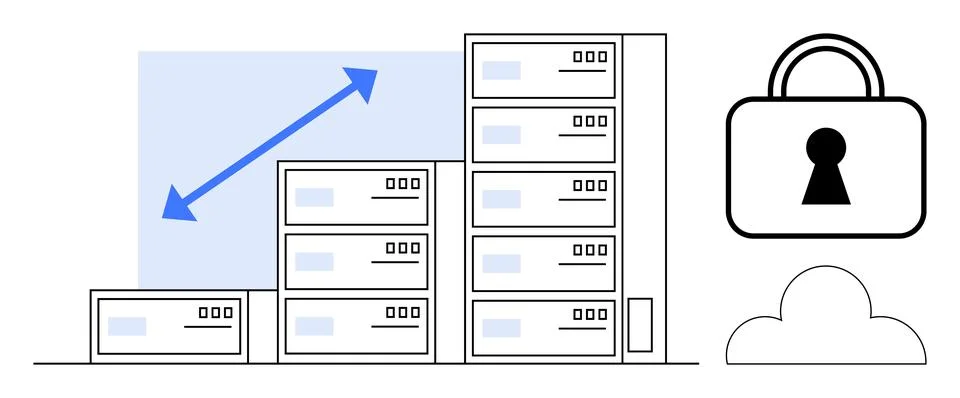 Data servers stacked with upward graph indicating growth next to a security l Stock Illustration