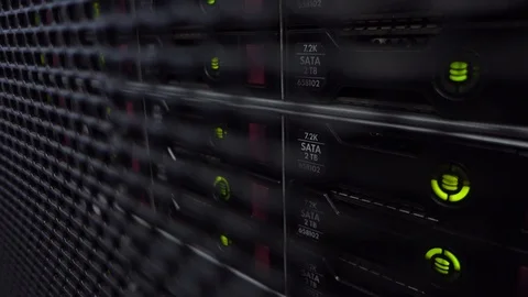 Data Servers While Working. HDD Racks. Server close up. Modern datacenter. Stock Footage 104765739