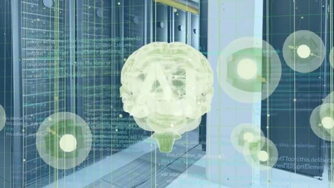 Data signal activating holo brain appearing before server racks, rotating, Stock Footage 337579291
