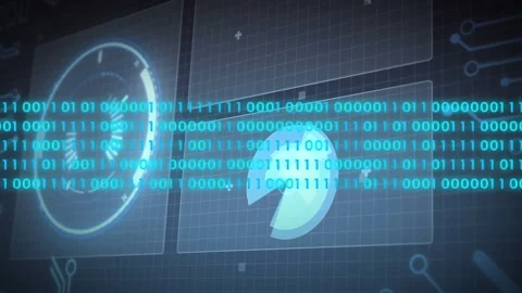 Data signal activating holographic tech dashboard, rotating pie widget and Stock Footage 332404725