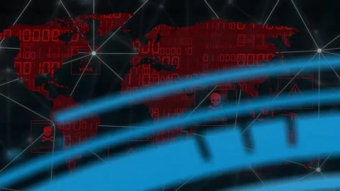 Data signal initiating, red map showing hazard icons, blue bands sweeping left, Stock Footage 334351945