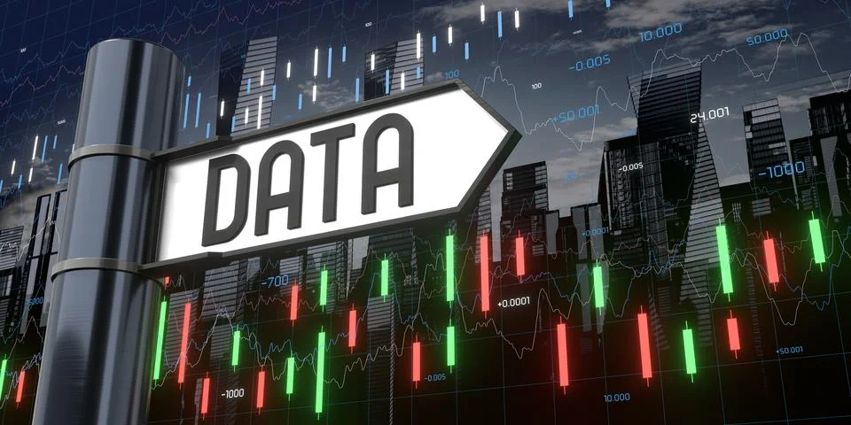 Data - signpost and financial data - 3D illustration Illustrazione stock
