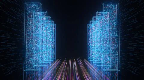 Data Skyline Blue data cubes on the dark background. 3d illustration.  Foto stock