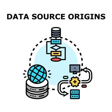 Data source origins information processing workflow diagram Stock Illustration