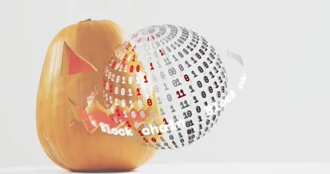 Data sphere appearing beside pumpkin, rotating and pulsing block chain code Stock Footage 317772978