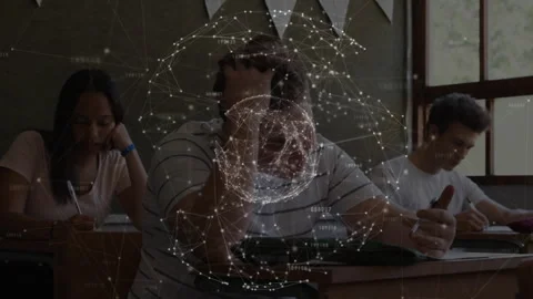 Data sphere pulsing triggers central student rubbing forehead while writing Stock Footage 316186193