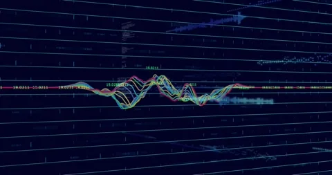 Data spike starting colored waveform rising, peaking, splitting, merging, 動画素材 321800029