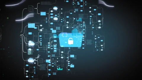Data spreads from security folder with password lock, global computing network Stock Footage 274250425