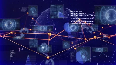 On data start dotted globe lighting nodes, forming network, adding panels, Stock Footage 329114984