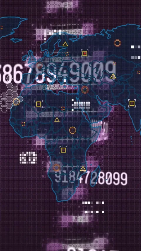 Data starting Af or SA map fading numbers scrolling markers lighting lines Stock Footage 330286113