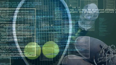 Data starting, racket and balls staying static with code overlays sliding for Stock Footage 333211341
