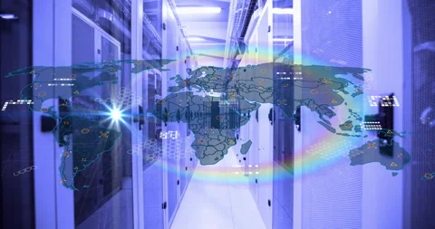 On data startup, server corridor showing world map fading in with pulsing icons Stock Footage 310319581