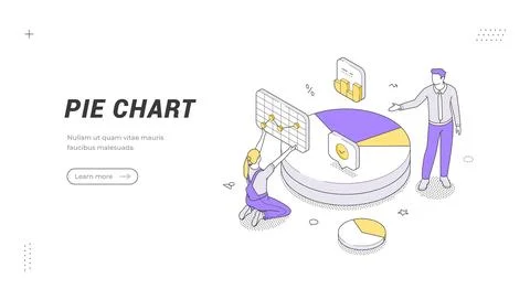 Data statistics and analysis with a pie chart isometric banner template. Vect イラスト素材