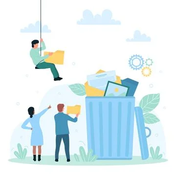 Data storage and management, tiny people delete files, emails and documents from 库存插图