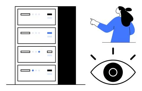 Data Storage and Security Concept with Server Racks and Surveillance Stock Illustration