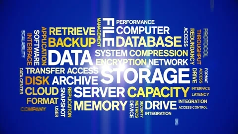 Data Storage animated word cloud,animation tag kinetic typography seamless loop 스톡 동영상 307602492