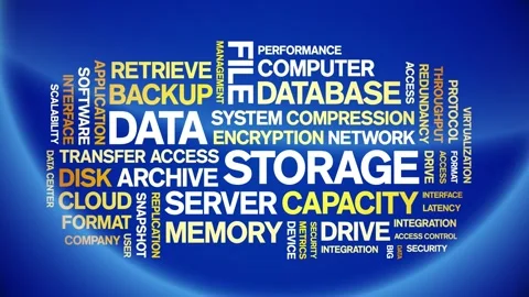 Data Storage animated word cloud,animation tag kinetic typography seamless loop 스톡 동영상 307602727