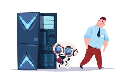 Data storage artificial intelligence center with hosting servers and staff イラスト素材