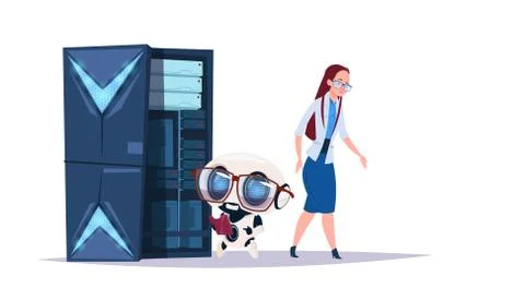 Data storage artificial intelligence center with hosting servers and staff 스톡 일러스트