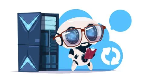 Data storage artificial intelligence center with hosting servers and staff 스톡 일러스트