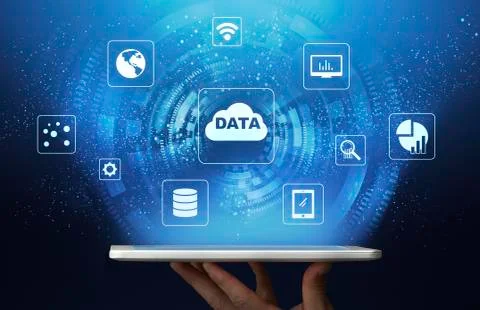 Data Storage Cloud And Multimedia Icons Above Digital Tablet In Male Hand Stock Photos