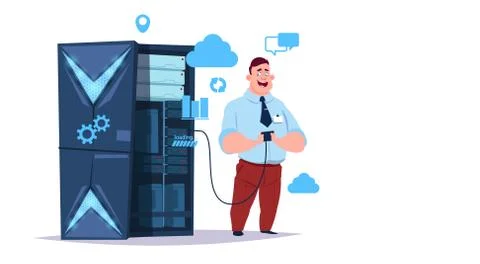 Data storage cloud center with hosting servers and staff. Computer technology Stock Illustration