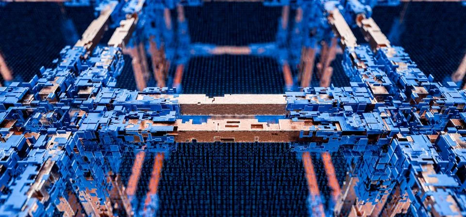 Data storage. Cloud computing concept. Artificial intelligence. Blockchain .. Stockillustratie