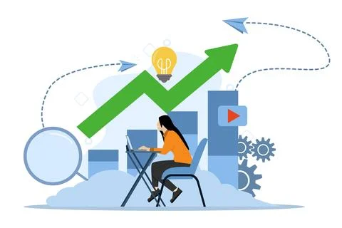 Data storage in the cloud, an employee engaged in building graph columns. Ilustración de archivo
