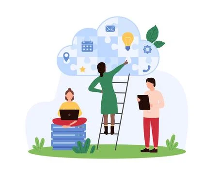 Data storage, cloud services for business tasks, tiny people work with icon Stock Illustration