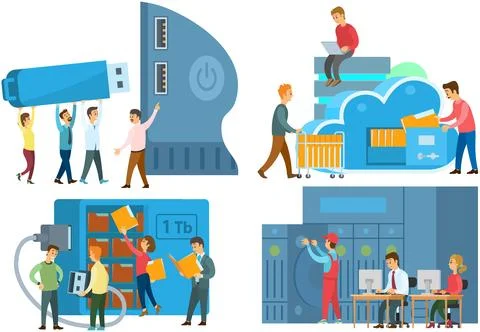 Data storage concept. Cloud storage, usb flash drive. Hosting stage service Stock-Illustration