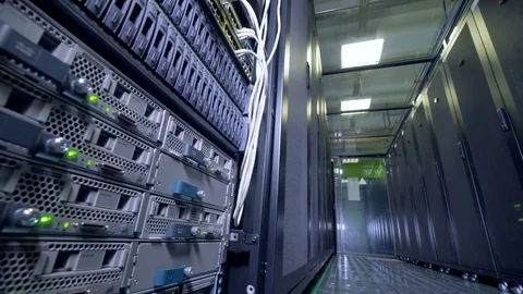 Data storage corridor with one cabinet open. Stock Footage 79483514