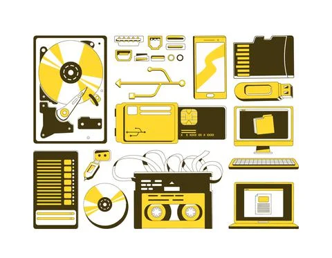 Data storage devices yellow linear objects set Stock Illustration