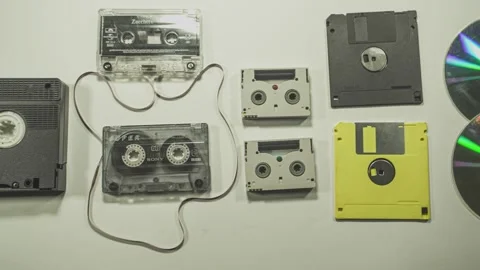 Data storage evolution showing transition from vhs to flash drive Stock Footage 295226804