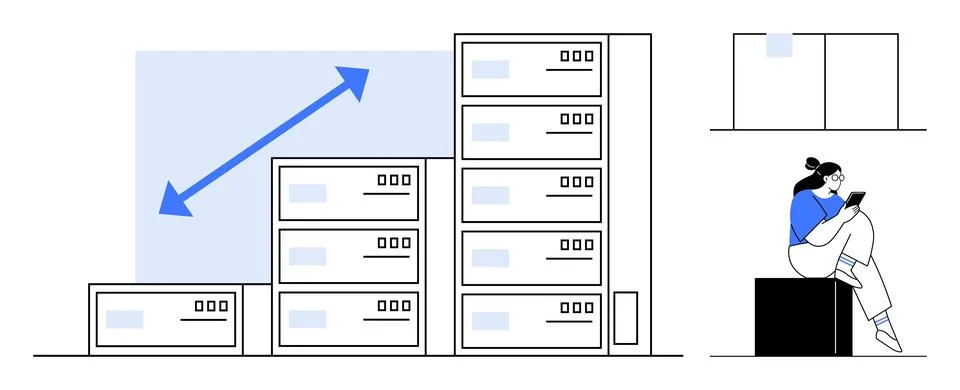 Data Storage Expansion with Server Racks and Person Reading on Device Stock Illustration