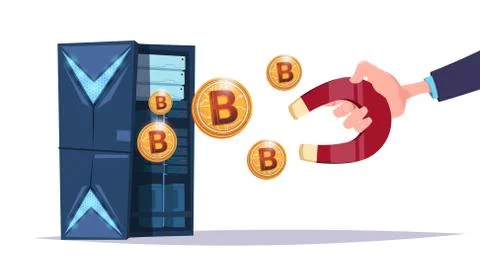 Data storage hand hold magnet bitcoin center with hosting servers and staff イラスト素材